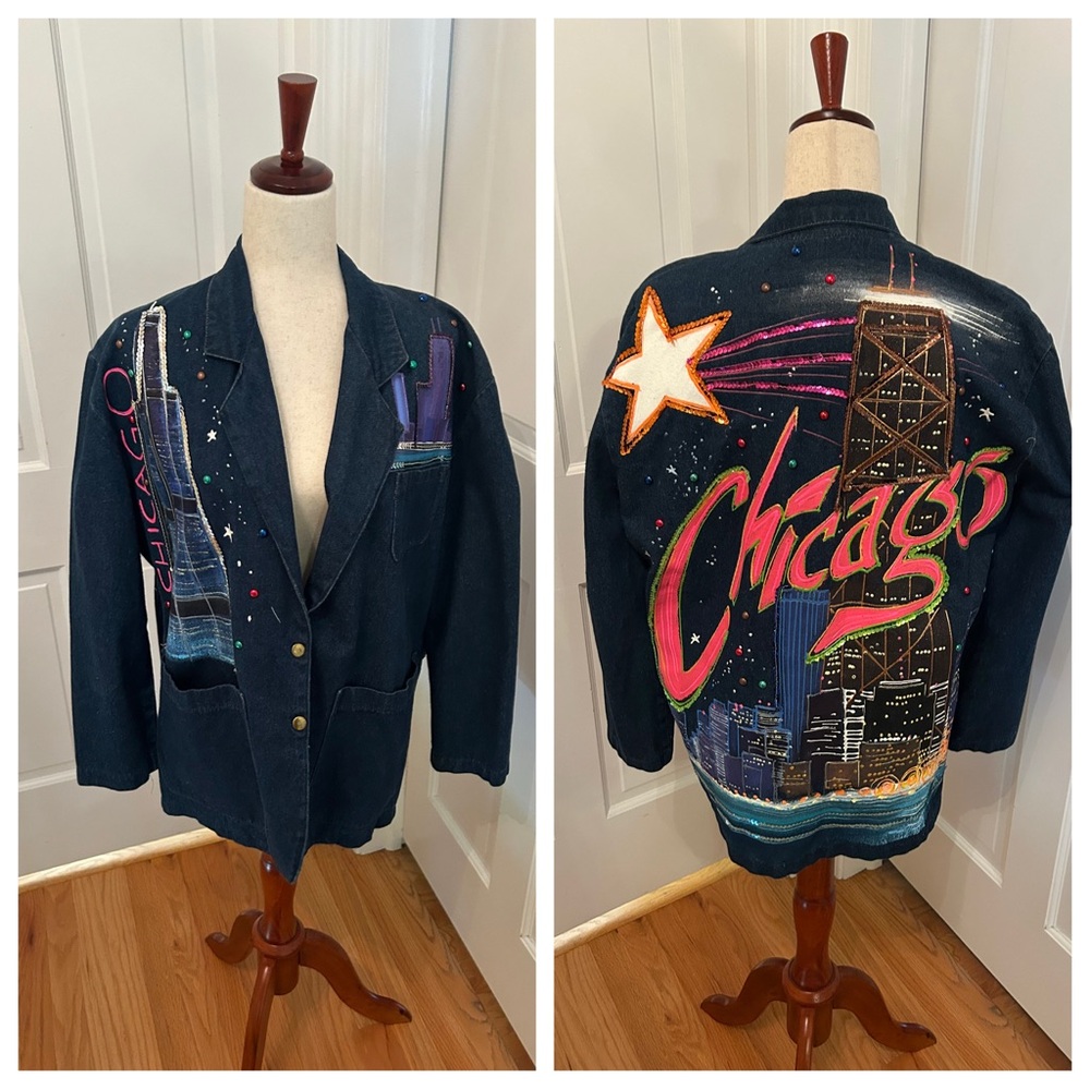 VTG 80s/90s DECO Sport Hand-Painted Chicago Denim‎ Blazer Sz 6/M Made in USA